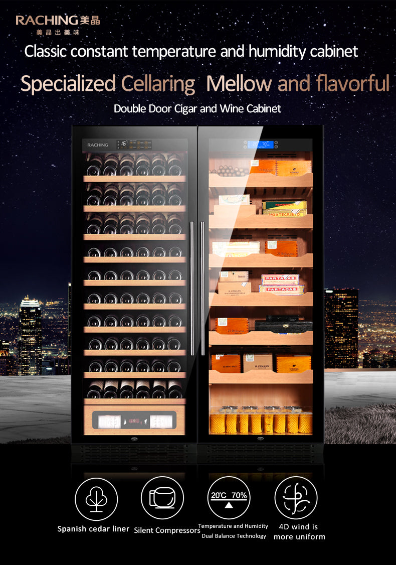 Raching CS600 – Dual-Door Wine Cooler & Electronic Cigar Humidor Cabinet (Wine + Cigars)