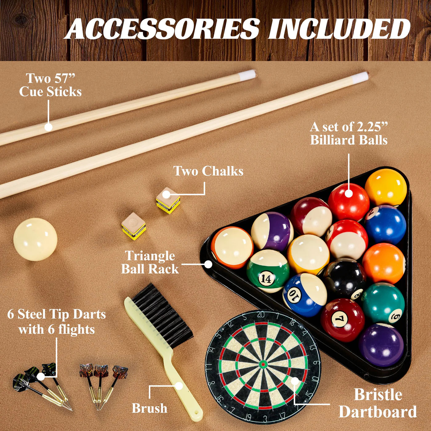 7.5 Ft Billiard Pool Table with Cue Rack, Dartboard, and Game Accessories, Tan
