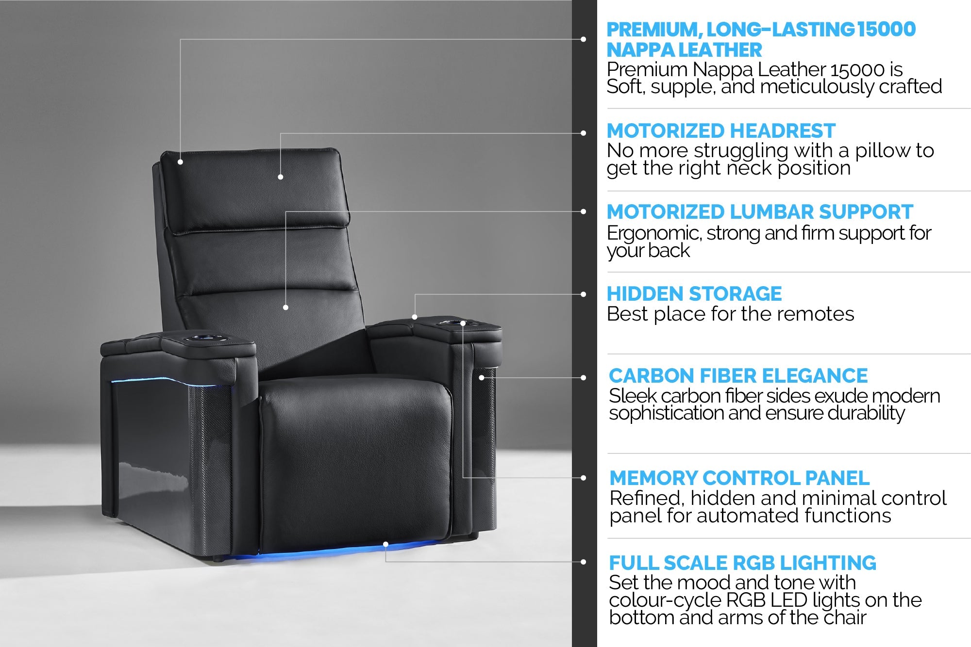 Valencia 2025 New Monza Leather Home Theater Seating with Carbon Fiber Panels – Row of 2 Loveseat (Black)