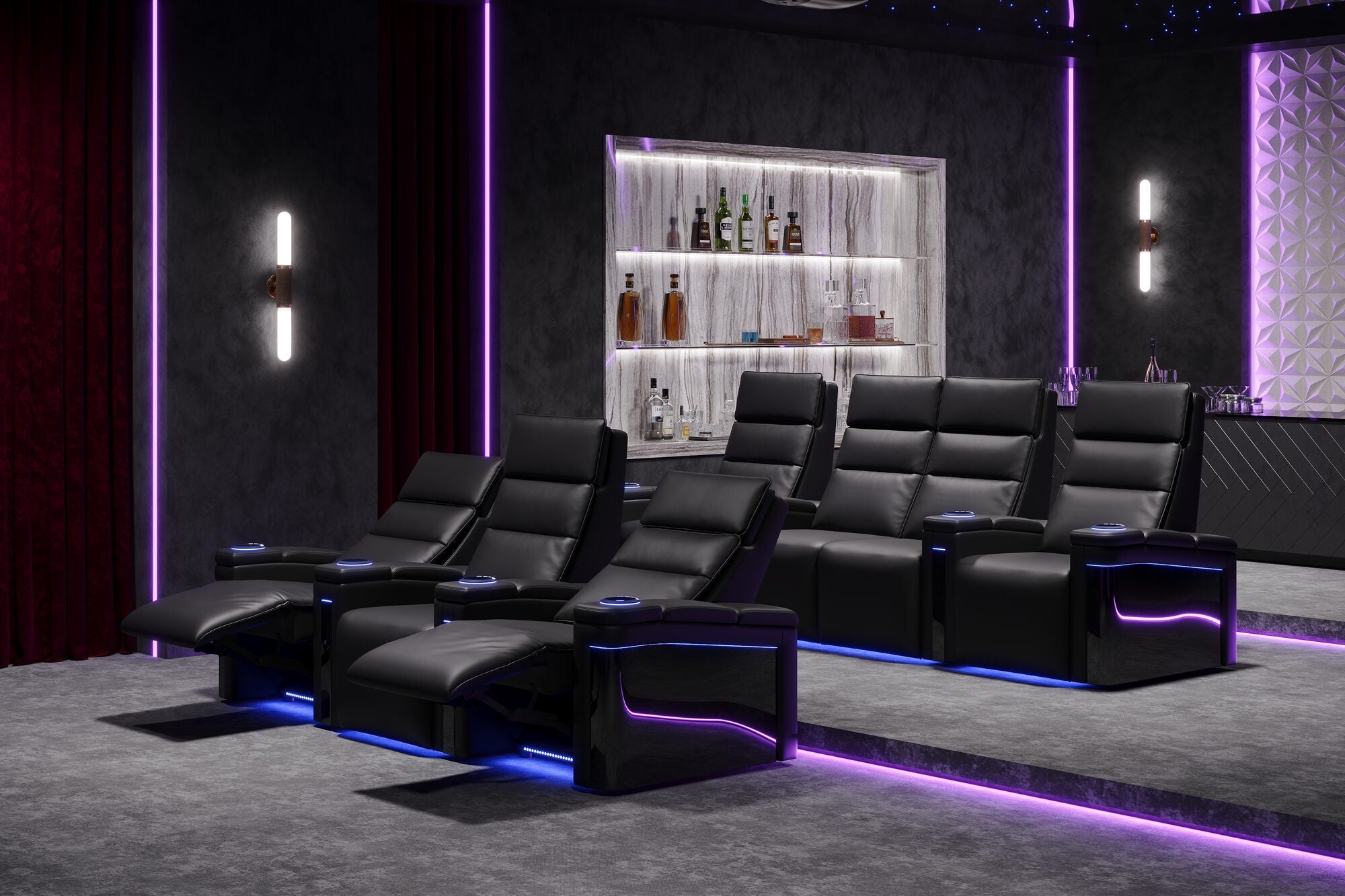 Valencia 2025 New Monza Leather Home Theater Seating with Carbon Fiber Panels – Row of 2 Loveseat (Black)