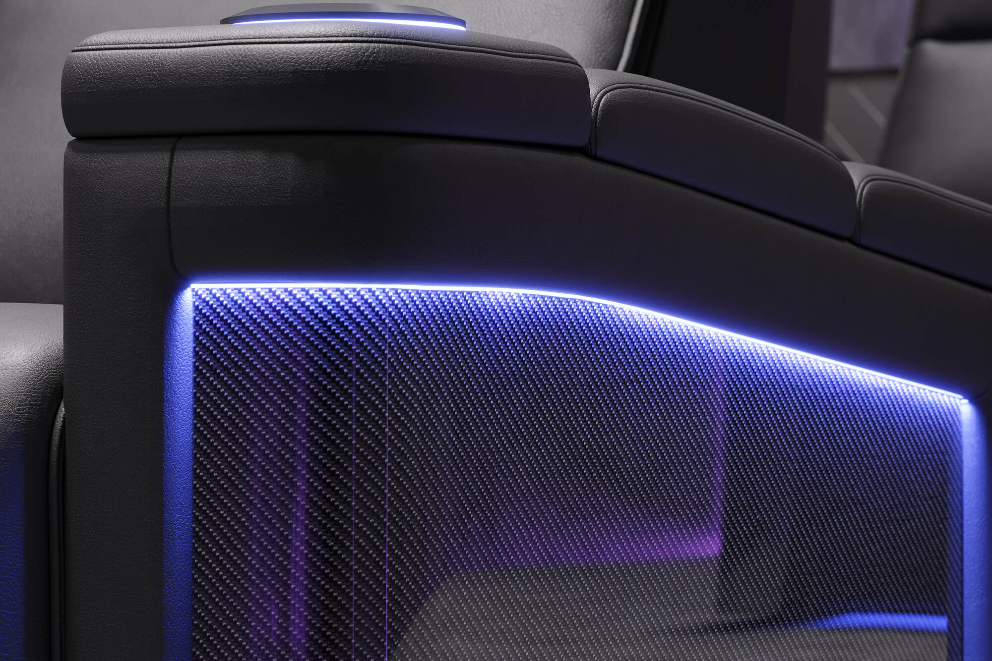 Valencia 2025 New Monza Leather Home Theater Seating with Carbon Fiber Panels – Row of 2 Loveseat (Black)