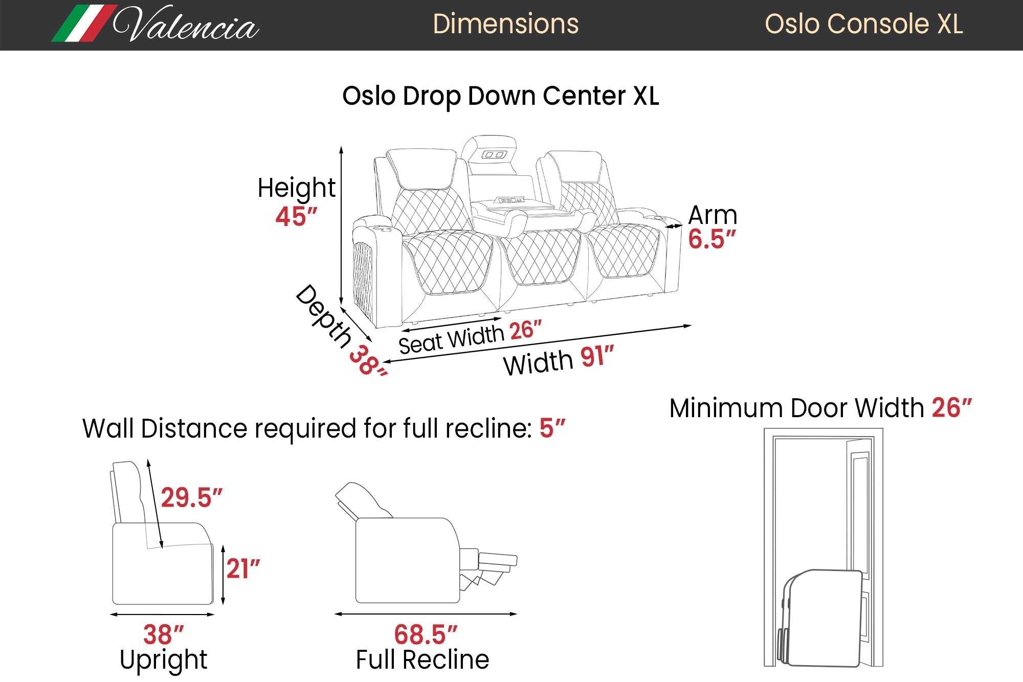 Valencia Oslo XL Console Luxury Italian Leather Theater Seating