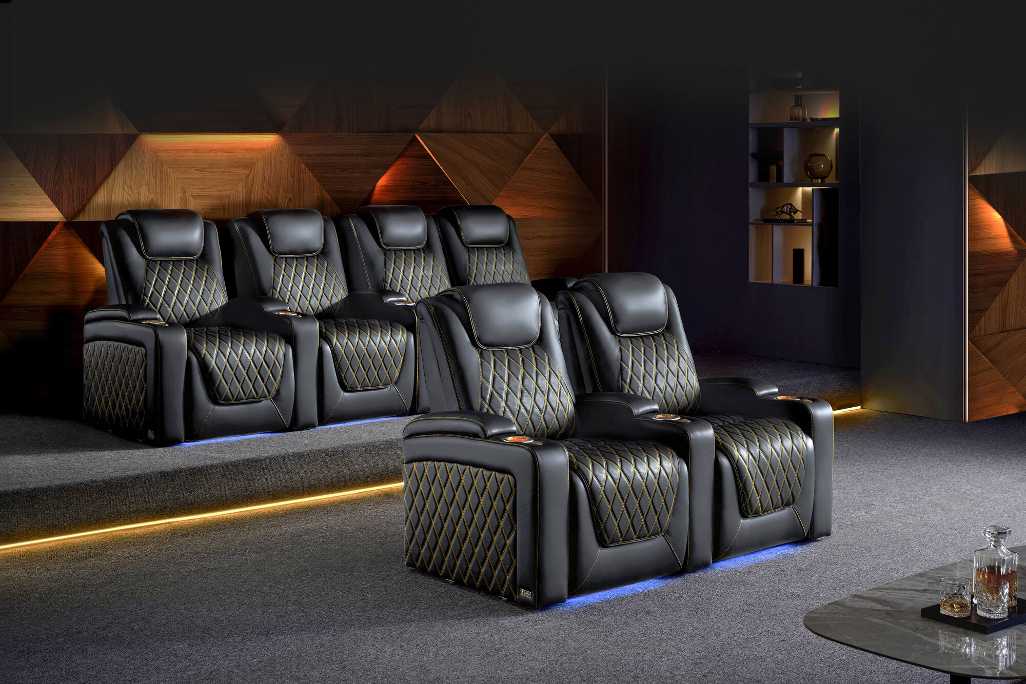 Valencia 2025 Oslo Ultimate Luxury Leather Home Theater Seating – Row of 2 Loveseat (Onyx with Gold Stitching)