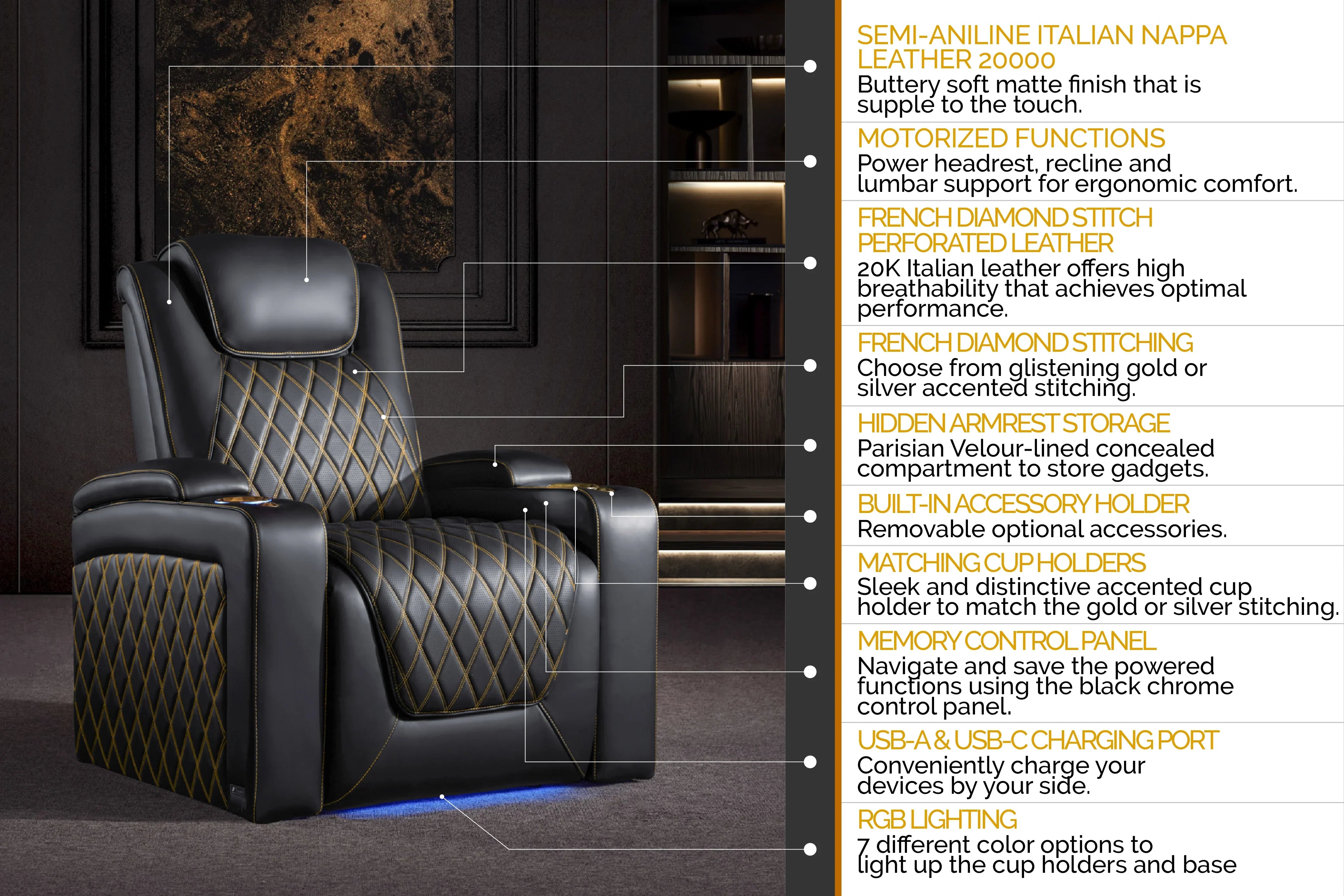 Valencia 2025 Oslo Ultimate Luxury Leather Home Theater Seating – Row of 2 Loveseat (Onyx with Gold Stitching)