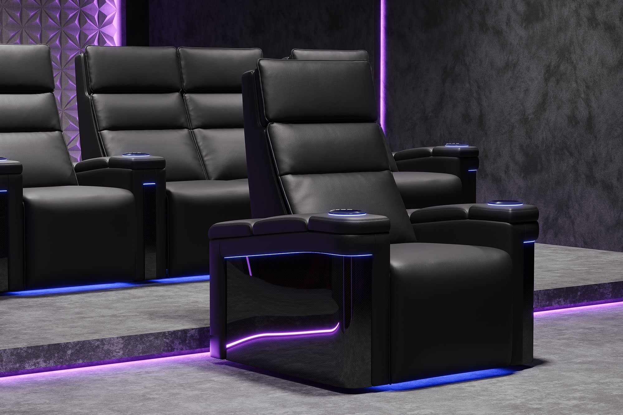 Valencia 2025 New Monza Leather Home Theater Seating with Carbon Fiber Panels – Row of 2 Loveseat (Black)