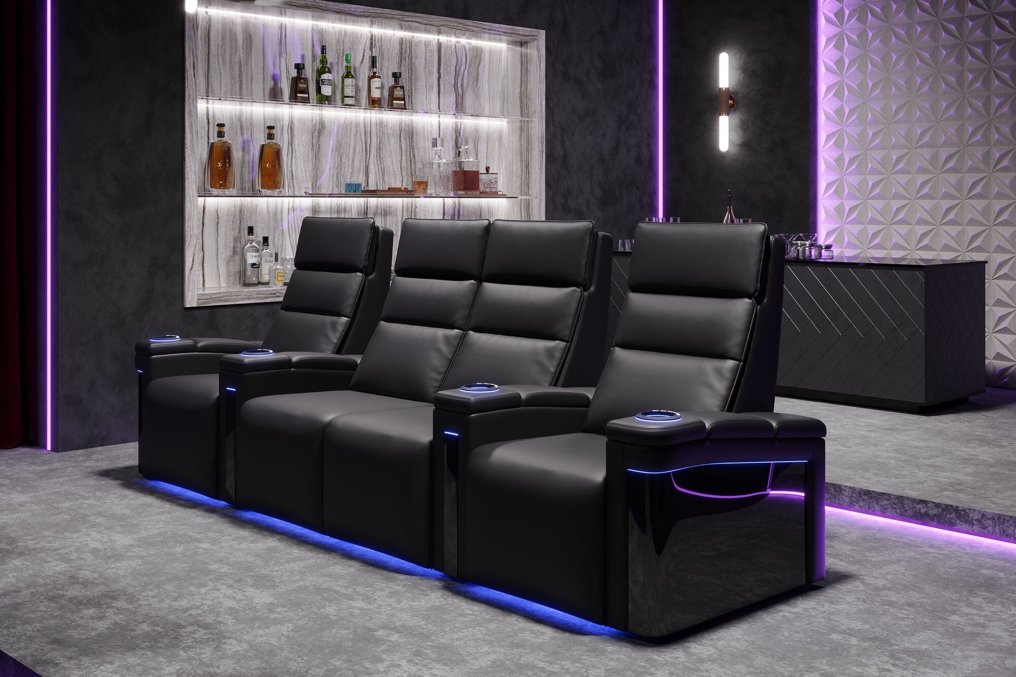 Valencia 2025 New Monza Leather Home Theater Seating with Carbon Fiber Panels – Row of 2 Loveseat (Black)