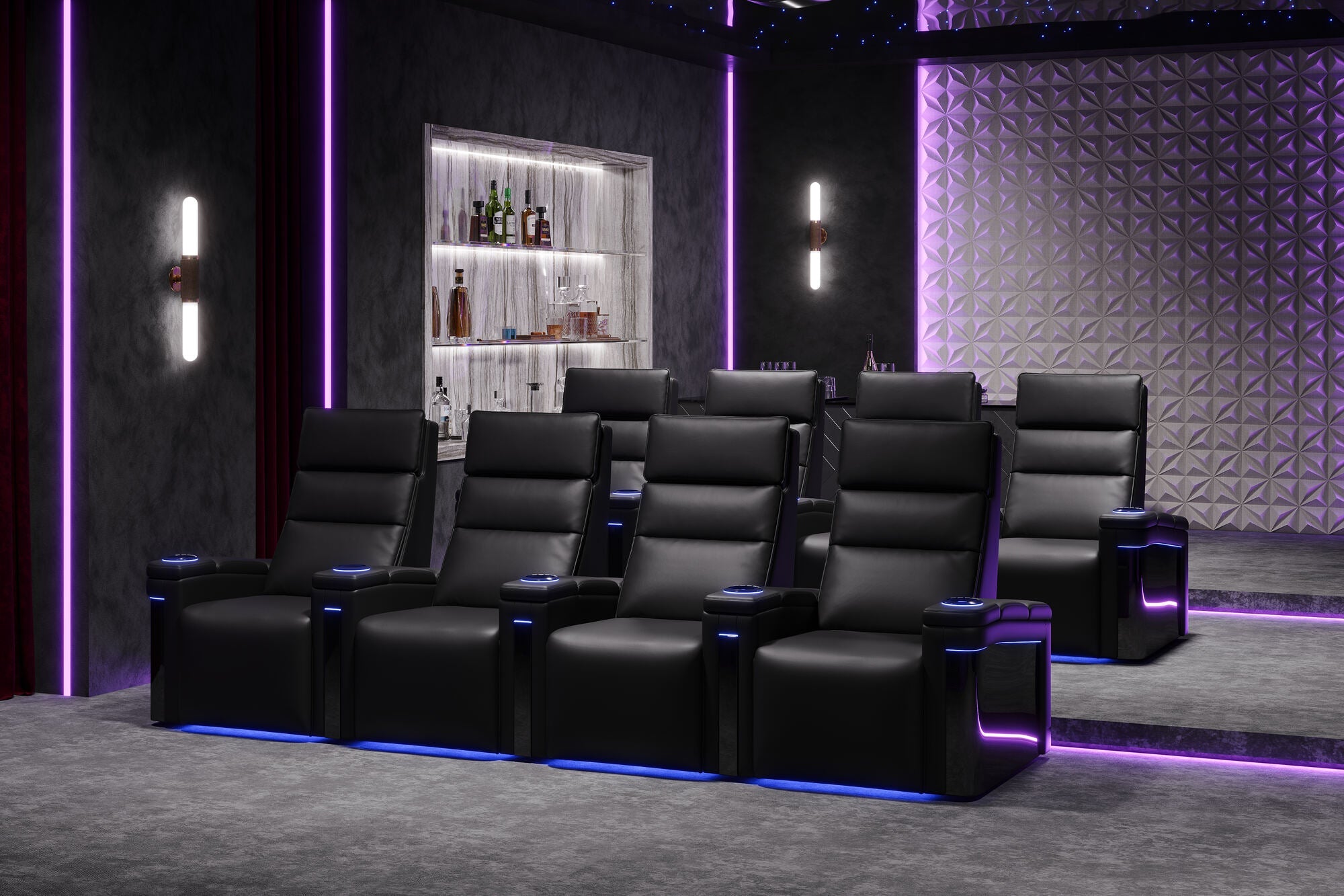 Valencia 2025 New Monza Leather Home Theater Seating with Carbon Fiber Panels – Row of 2 Loveseat (Black)