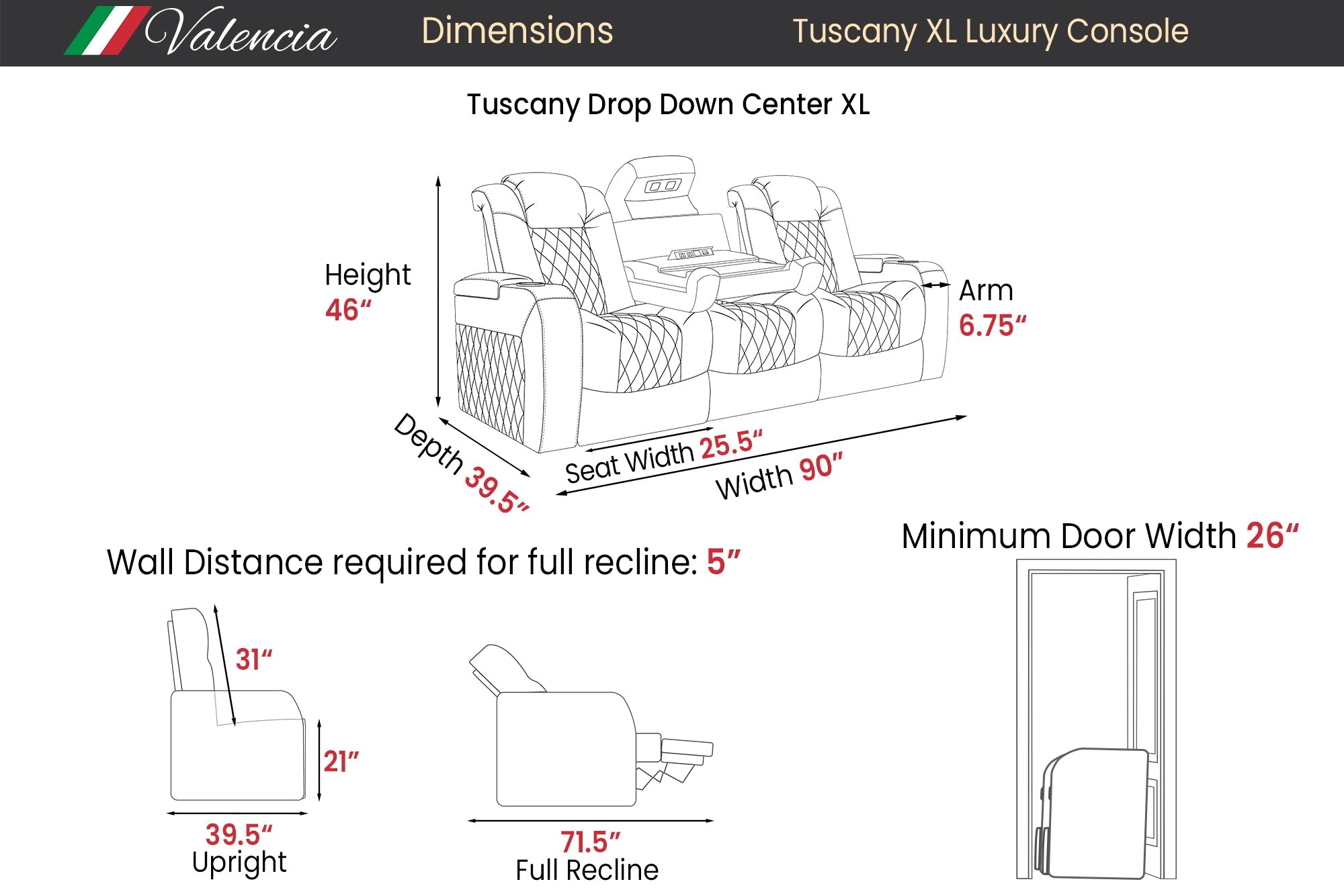 Valencia Tuscany XL Console Luxury Italian Semi-Aniline Leather Theater Seating