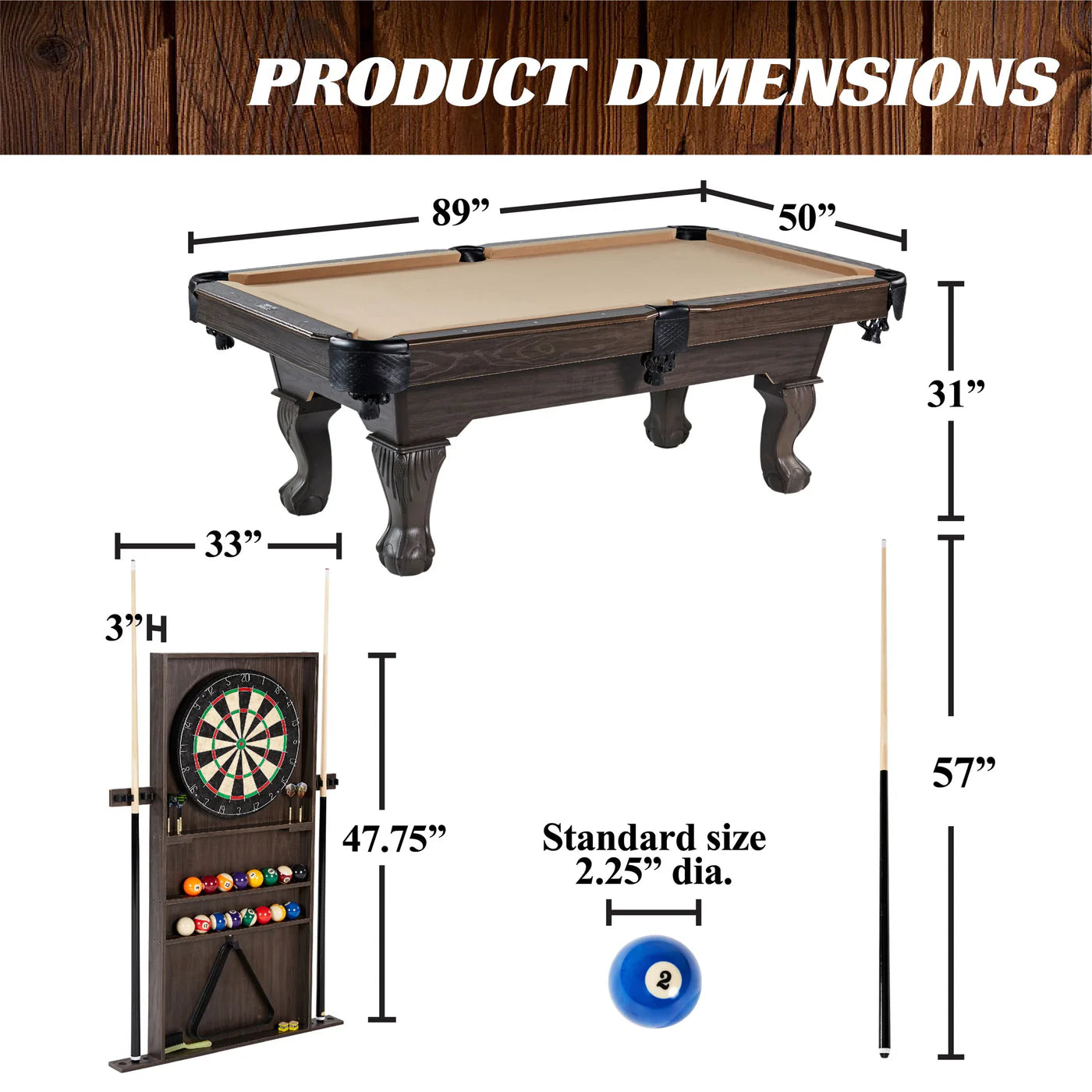 7.5 Ft Billiard Pool Table with Cue Rack, Dartboard, and Game Accessories, Tan